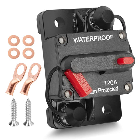120 Amp Car Circuit Breaker With Manual Reset, Inline Fuse Holder, wire lugs, and copper washers for 12V-48V systems