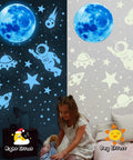 Glow In The Dark Stars Ceiling Set With Moon And Space Wall Decals For Kid Friendly Bedroom Decor Galaxy Planets Sticker Pack Includes 530 Pieces For Nursery And Birthday Party Favors Creating A Real Night Sky Vibe showing glow effect and daytime look with child playing.