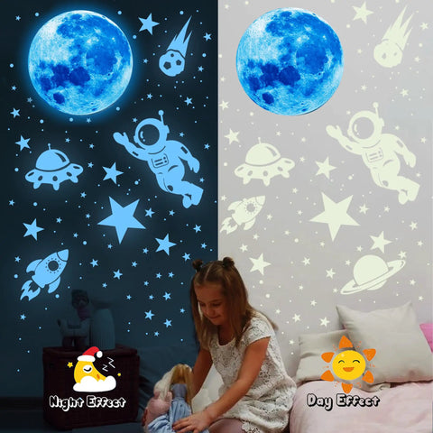 Glow In The Dark Stars Ceiling Set With Moon And Space Wall Decals For Kid Friendly Bedroom Decor Galaxy Planets Sticker Pack Includes 530 Pieces For Nursery And Birthday Party Favors Creating A Real Night Sky Vibe showing glow effect and daytime look with child playing.