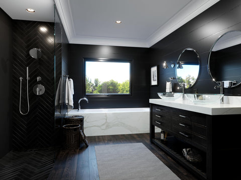 Modern bathroom with Contempra Shower Trim Kit In Polished Chrome With Rain Spray Pattern Valve Not Included on dark tile wall