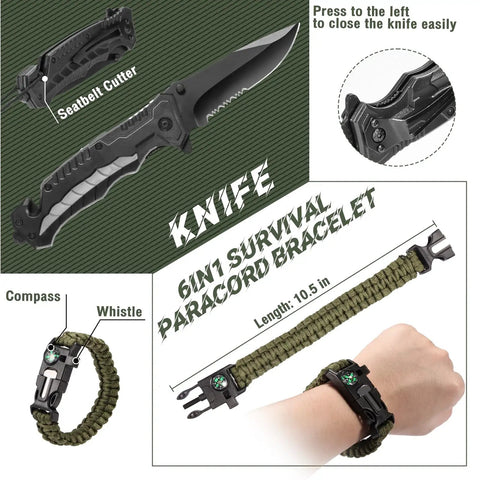 Survival knife and 6-in-1 paracord bracelet included in 20 In 1 Adventure Survival Kit For Camping And Hiking With Dope Wilderness Gear.