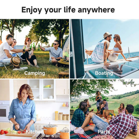 Collage of people enjoying various activities like camping, boating, cooking in the kitchen, and having a party outdoors.