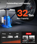 Front view of blue VEVOR 32-ton air hydraulic bottle jack with manual pump lifting a car.
