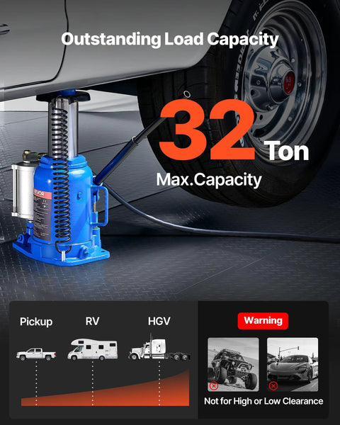 Front view of blue VEVOR 32-ton air hydraulic bottle jack with manual pump lifting a car.