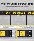 Rugged 20 Amp Metal Power Strip Surge Protector With 8 Outlets And Six Foot 12 Gauge Extension Cord For Garage Workshop And Industrial Use 1200J High Current Power Hub wall-mounting guide.