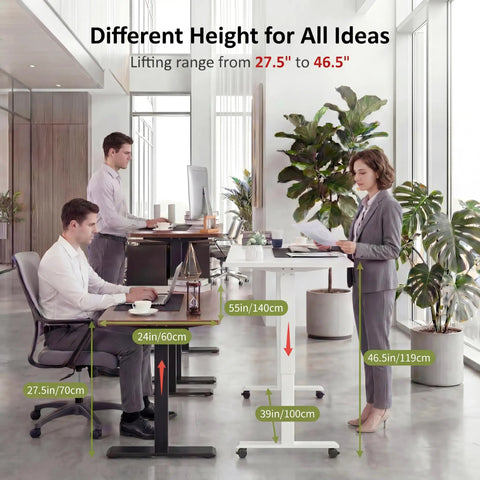 Farexon Electric Standing Desk Adjustable Height Black Brown Wood Grain Surface With Power Outlets, Wheels, And Mouse Pad For Home Office Gaming Computer Workstation Ergonomic Lift Table in an office setting with height adjustments shown.