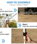 Steps showing assembly of 10x10 Pop Up Canopy Tent With One Button Push Setup, including unfolding frame and adjusting height.