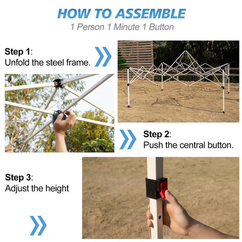 Steps showing assembly of 10x10 Pop Up Canopy Tent With One Button Push Setup, including unfolding frame and adjusting height.