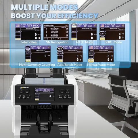 Money Counter Machine With Mixed Denomination And Bank Grade Cash Handling interface in office setup