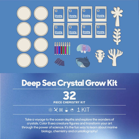 Deep Sea Crystal Grow Kit for Kids - 32-Piece STEM Chemistry Lab components including sea creature templates and trays