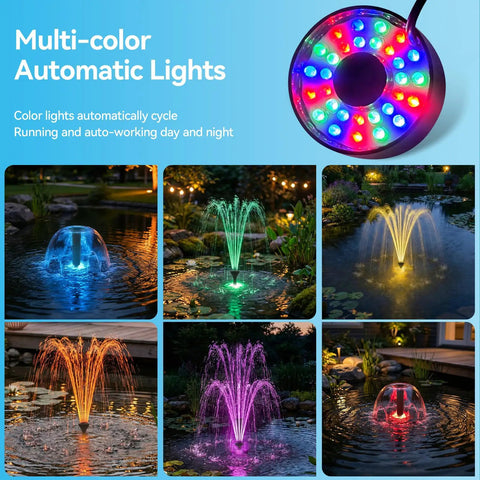 1320 GPH Heavy Duty Pond Fountain Pump With RGB LED Lights showcasing multi-color automatic lighting in various water features