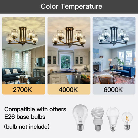 Five Light Crystal Chandelier In Dope Black Close To Ceiling Pendant Light Fixture showing color temperatures in stylish rooms