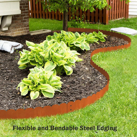 Cor Ten Steel Landscape Edging Kit 20 Ft With Rustic Scalloped Metal Border for garden beds, showing flexible wavy edging.