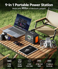 Hella Durable 300W Portable Power Station With 222Wh Battery Capacity powering a laptop, camera, and phone on a table outdoors.