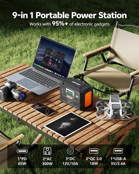 Hella Durable 300W Portable Power Station With 222Wh Battery Capacity powering a laptop, camera, and phone on a table outdoors.