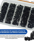Heavy Duty Carbon Steel M1.4 Self Tapping Wood Screws Pan Head Cross Recessed Assortment Kit 500 Pc in organized compartments.