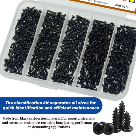 Heavy Duty Carbon Steel M1.4 Self Tapping Wood Screws Pan Head Cross Recessed Assortment Kit 500 Pc in organized compartments.