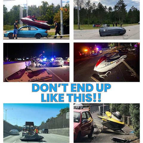 Various mishaps with improperly secured boats and watercraft on trailers, illustrating the need for Adjustable Marine Boat Trailer Transom Tie Down Straps With Quick Release Buckle For Secure Transport Of Boats Jet Skis And Watercraft DOT Compliant Heavy Duty 1600lb MBS 400lb WLL.