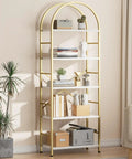 Clean Vibe Five Tier Arched Bookshelf With Brushed Gold Finish And No Hassle Assembly, modern storage rack with books and decor.