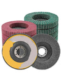 Top Grade 115mm Nylon Fiber Flap Discs in red and green, designed for fine buffing and deburring metal surfaces.