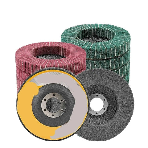 Top Grade 115mm Nylon Fiber Flap Discs in red and green, designed for fine buffing and deburring metal surfaces.