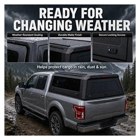 Lockable Truck Bed Cap For Dodge Ram 1500 2020 To 2026 With 6.4 Foot Bed on a silver truck, showing weather-resistant sealing and matte finish.