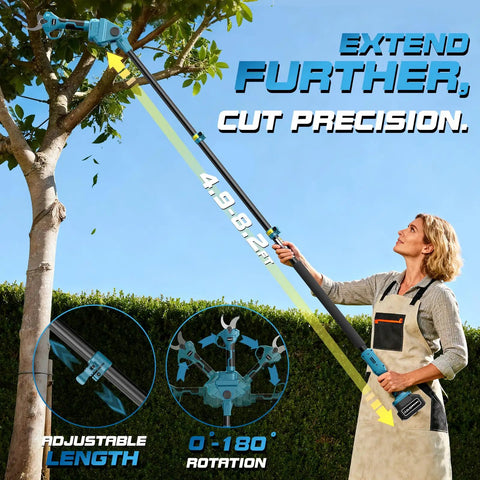 Woman using Cordless Pole Pruner With 21V Battery reaching 14.7 ft for tree pruning; Lightweight electric pruning shears
