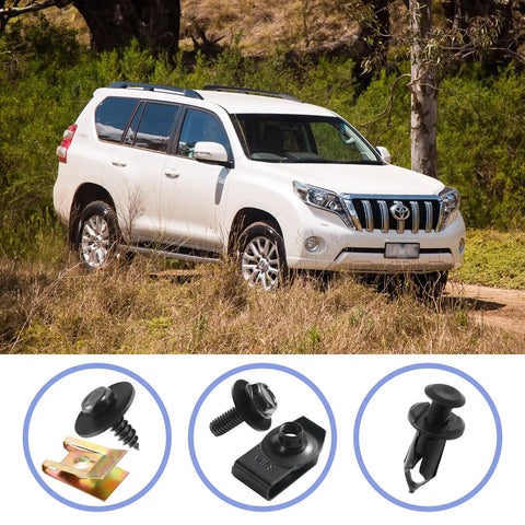 All In One Car Fastener Kit With 100 Pieces Screws Bolts Undertray Clips Plastic Rivets U Nuts Engine Under Cover Splash Shield Replacement By Uolor Universal Fit For Auto Body Fender, shown with SUV backdrop.