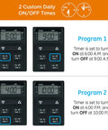 Indoor And Outdoor Plug In Digital Timer With One Grounded Outlet, showing two custom daily on/off times for Program 1 and 2.