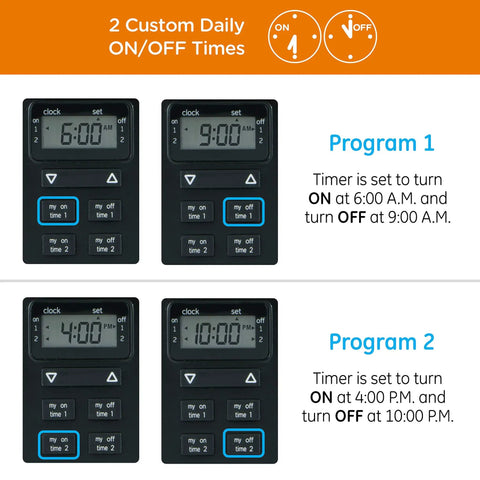 Indoor And Outdoor Plug In Digital Timer With One Grounded Outlet, showing two custom daily on/off times for Program 1 and 2.