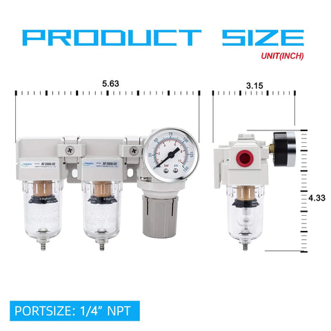 1/4 Inch NPT Air Drying System With Double Air Filters And Regulator, Semi Auto Drain, Poly Bowl, 5 Micron Brass Filters