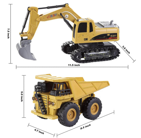 Two Pack Remote Control Construction Vehicle Set With Friction Powered Excavator And Dump Truck Realistic Lights And Sounds For Imaginative Play Great Gift For Toddlers Boys And Girls, showing detailed dimensions of excavator and dump truck.