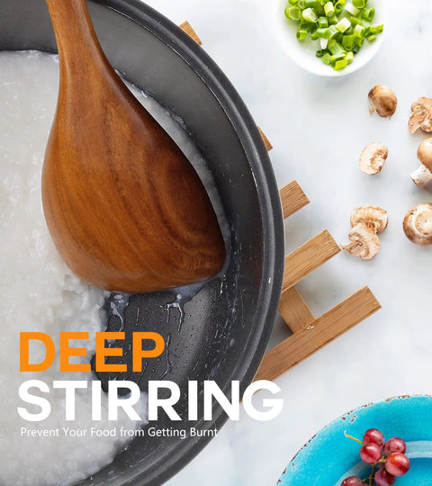 Pro Grade Teak Wood Cooking Spoons Set With Heavy Grip in nonstick pot with rice, surrounded by sliced vegetables and fruits