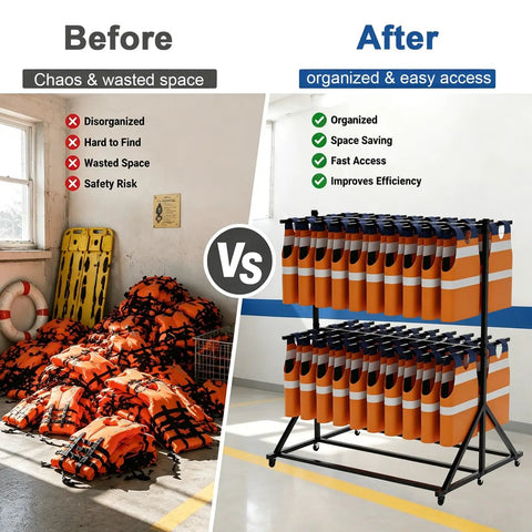 Rock Solid Commercial Life Vest Display Rack On Smooth Brake Wheels For Poolside Deck Marine Rescue Gear Storage Organizer With Top Shelf Steel Frame showcasing organized life vests.
