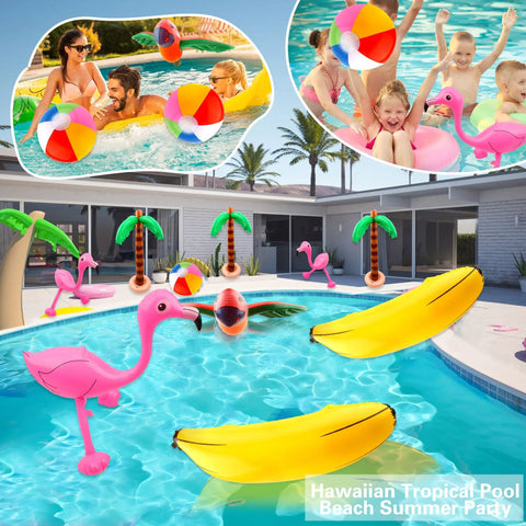 Tropical Inflatable Party Decor Set Twelve Pack Palm Tree Flamingo Beach Ball Parrot Banana For Beach Pool Backyard Parties And Summer Fun