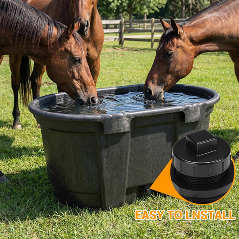 Stock Tank Drain Plug Kit Fits 50 70 100 150 300 Gallon Tanks Replacement Plug For 2 Inch Holes in use with horses