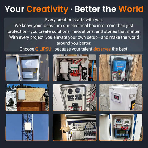 Assorted images of rugged outdoor IP67 junction box installations showcasing electrical enclosures in various environments.