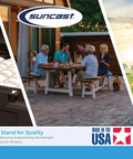 Four people dining outdoors at a patio, showcasing Suncast quality, with emphasis on being made in the USA.