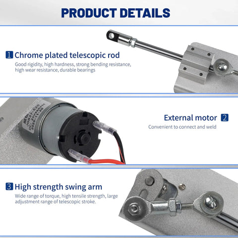 Mini Reciprocating Linear Actuator With 2cm To 4cm Stroke DC 24V 66 RPM showing chrome plated rod and high strength swing arm