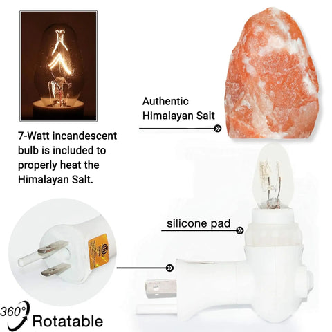 Pink Himalayan Salt Lamps Hand Carved Natural Night Lights For Bedrooms And Home Decor With bulb, silicone pad, and plug details.