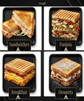 AnNafi Cast Iron Sandwich Maker Stove Top Grill Press Non Stick Hand Toaster Pan showing grilled sandwiches, paninis, breakfast, and desserts.