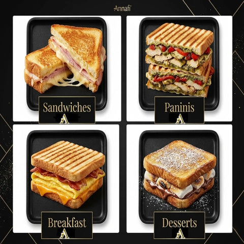 AnNafi Cast Iron Sandwich Maker Stove Top Grill Press Non Stick Hand Toaster Pan showing grilled sandwiches, paninis, breakfast, and desserts.