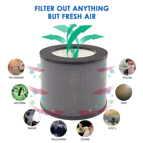 AP006 Replacement Filter 3-in-1 H13 Main Filter with Pre-Filter and Activated Carbon diagram removing dander, pollen, dust, bacteria, smoke, VOCs, odors.