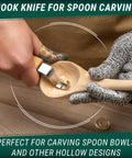 Hook knife for spoon carving, ideal for shaping spoon bowls, part of Score This Premium Wood Spoon Carving Knives Set featuring razor sharp sloyd blade.