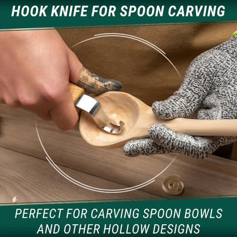Hook knife for spoon carving, ideal for shaping spoon bowls, part of Score This Premium Wood Spoon Carving Knives Set featuring razor sharp sloyd blade.