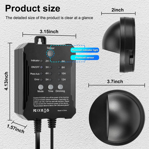 Diagram of All In One Low Voltage LED Deck Lights Kit With Transformer Timer And Photocell Sensor IP67 Waterproof details.