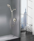 High Pressure Handheld Shower Head With 10 Settings, 4.7 Inch Detachable Shower Head Kit, 5 Ft Hose, Brush Nickel Finish in bathroom