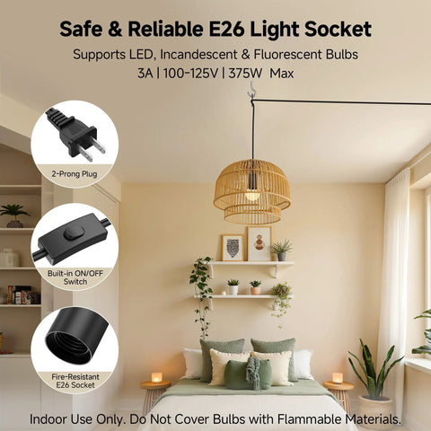 2 Pack Plug In Hanging Light Cord With Switch 15 Foot Pendant Light Cord With Lamp Socket Black Do It All Ceiling Light Kit in living room with wicker lamp shade.