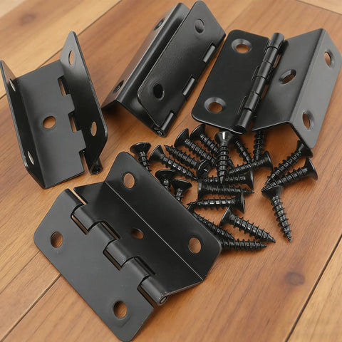 Heavy Duty Tri Fold Hinges For Cabinet Makeover with screws on wooden surface, black rust resistant metal construction