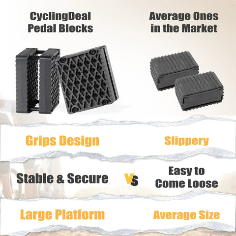 Comparison of CyclingDeal pedal blocks vs average market pedal blocks, showcasing size and grip features.
